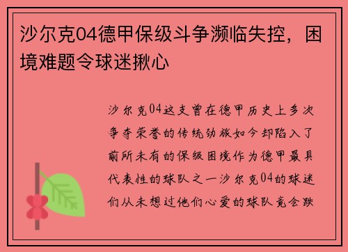 沙尔克04德甲保级斗争濒临失控，困境难题令球迷揪心